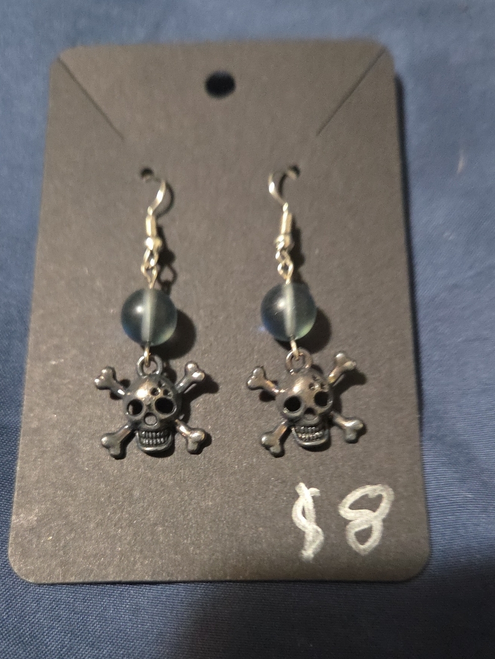 Skull & Crossbones Dangle Earrings with Blue-Green Beads